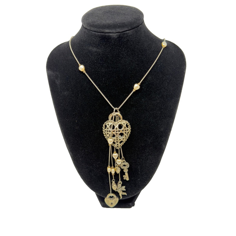 Vintage Heart Charm Dangle Necklace Gold‎ Pearls Cupid Key Lock